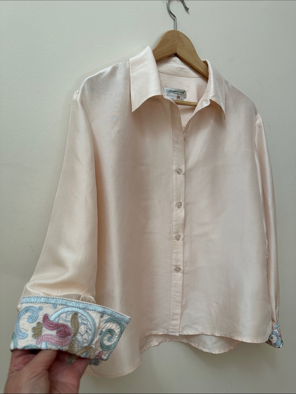Coldwater Creek Pale Pink Tussah Silk Button-Down Shirt with Embroidered Cuffs